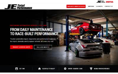 Top of the website for JE Import Performance Inc