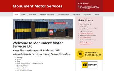 Top of the website for Monument Motor Services Ltd