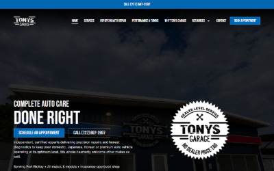 Top of the website for Tonys Garage Inc