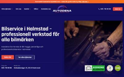 Top of the website for Autodena AB - Service - Verkstad - EL - Felsökning - AC - Däck - Motoroptimering